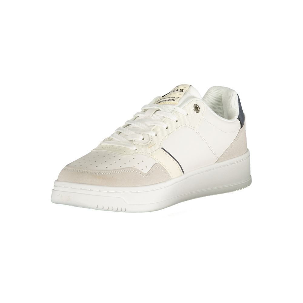 A white sneaker with a black stripe on the side