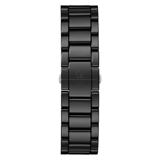 A black ceramic watch with a silver logo on the face