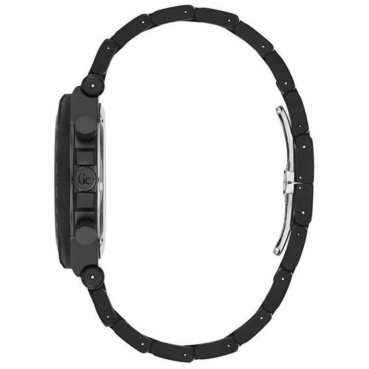 A black stainless steel watch with a silver face and white hands