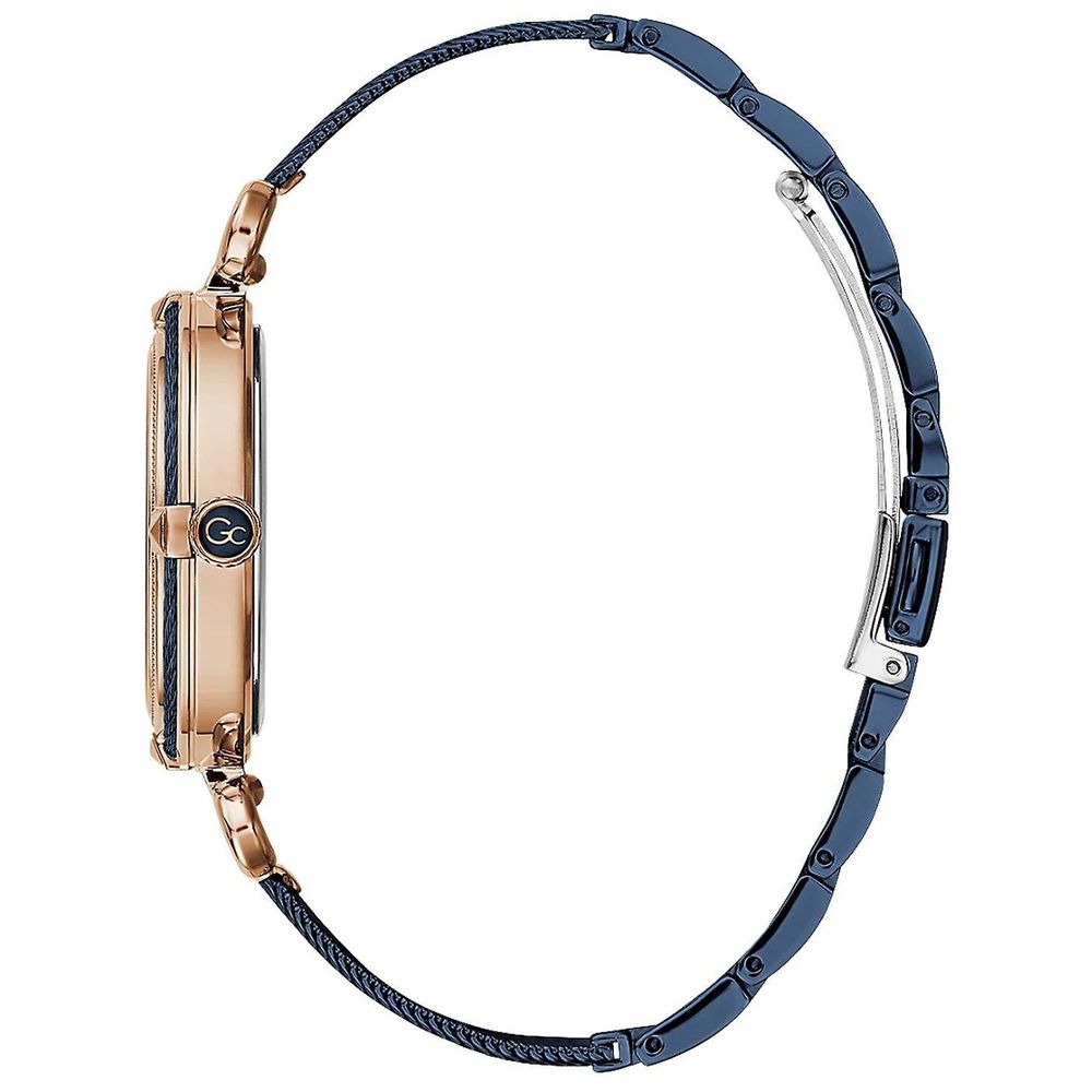 A blue stainless steel watch with a rose gold band