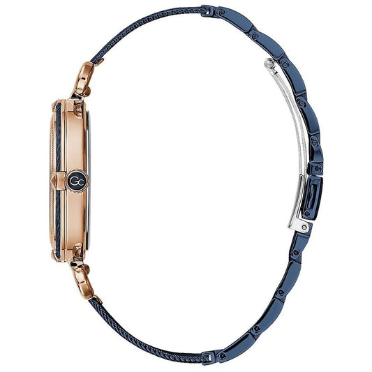 A blue stainless steel watch with a rose gold band