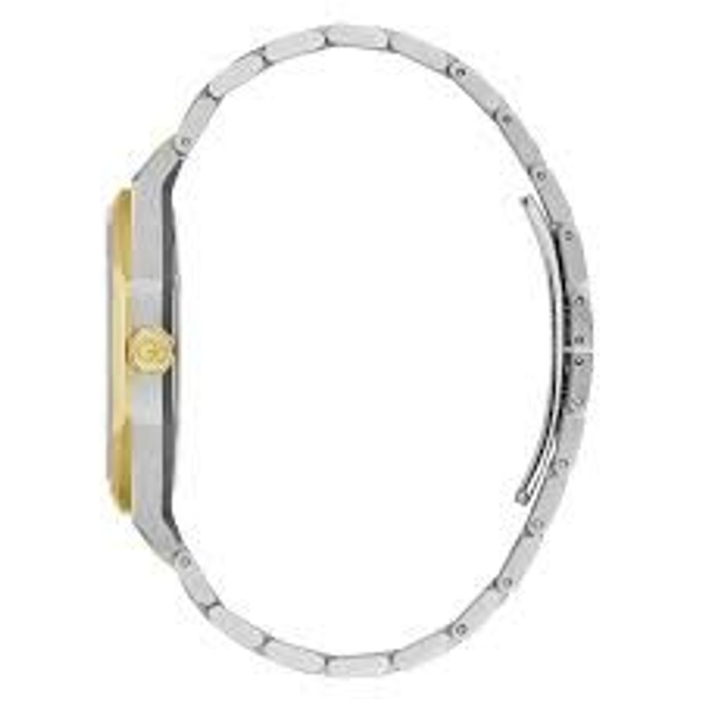 A gold stainless steel bracelet with a watch face