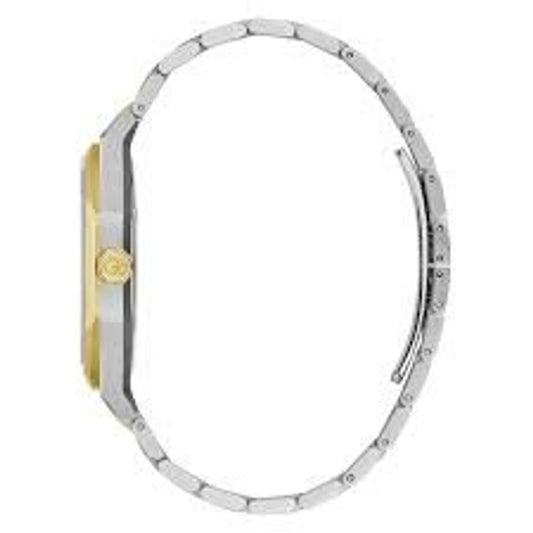 A gold stainless steel bracelet with a watch face