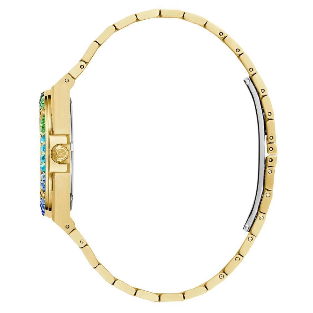 A gold bracelet with a stainless steel clasp