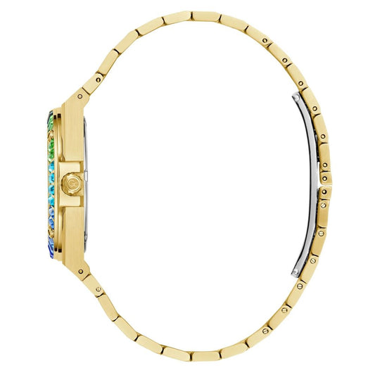 A gold bracelet with a stainless steel clasp