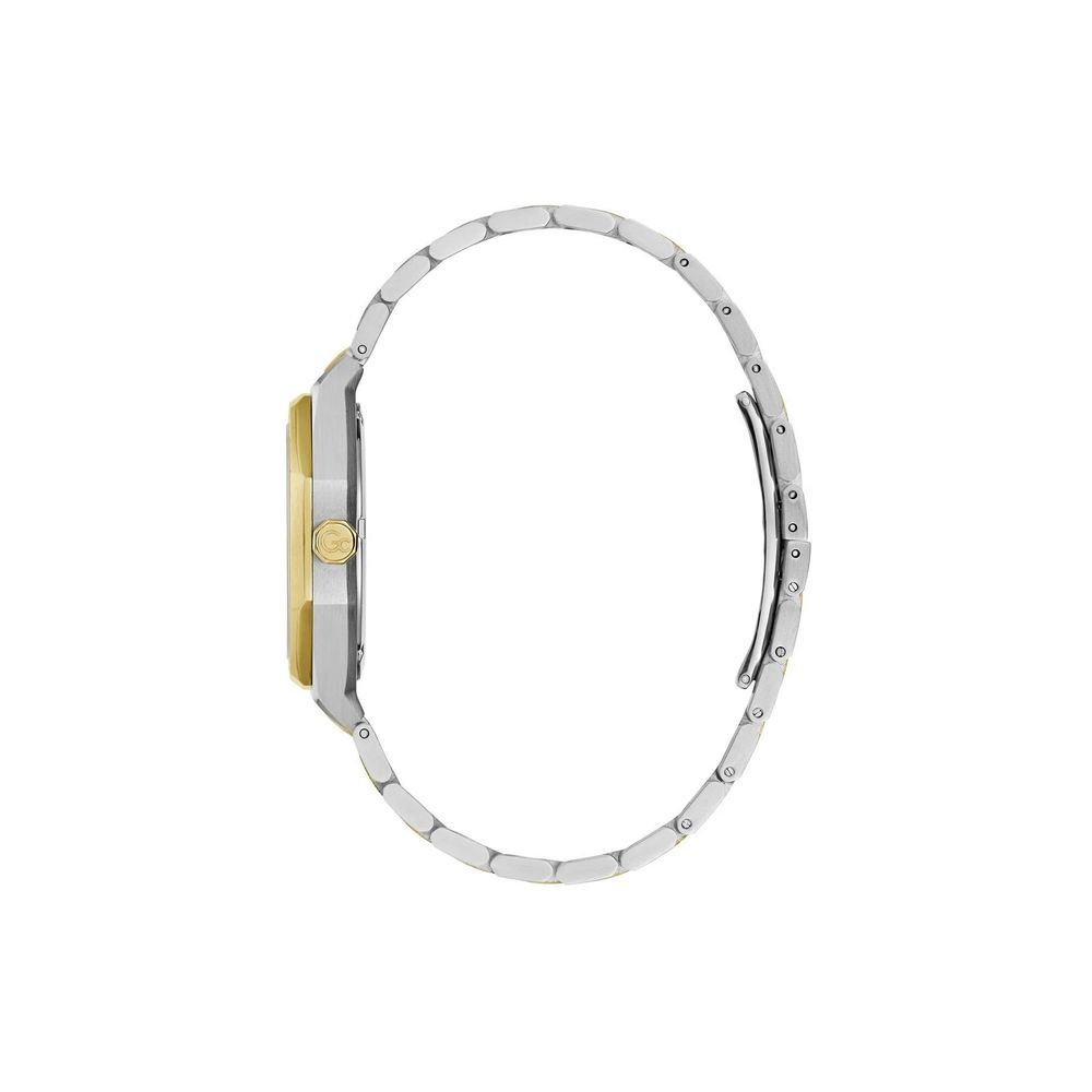 A gold stainless steel watch with a white face and black hands