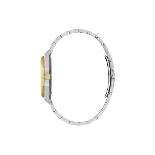 A gold stainless steel watch with a white face and black hands