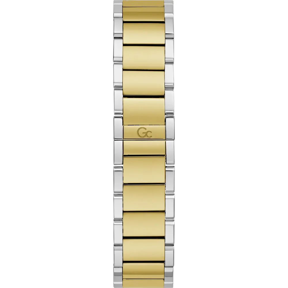 A gold stainless steel watch with a silver band and a logo on the face