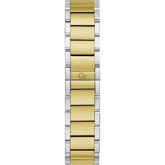 A gold stainless steel watch with a silver band and a logo on the face