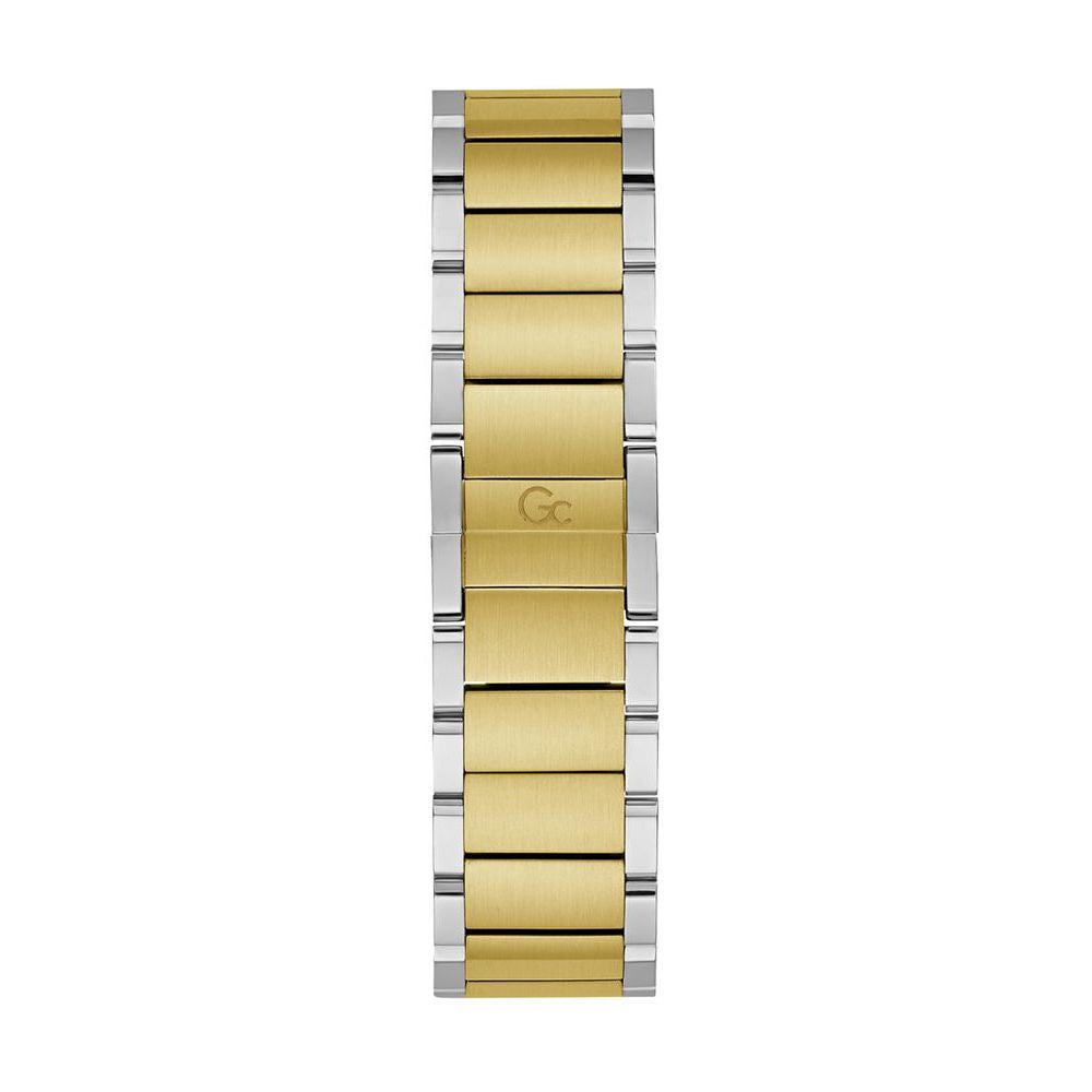 A gold and silver watch with a stainless steel band