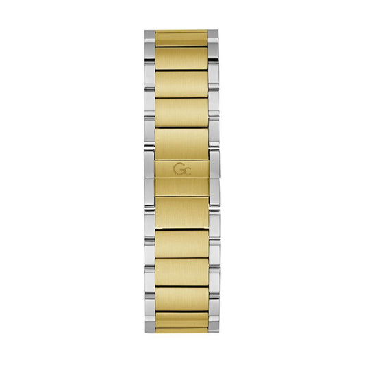 A gold and silver watch with a stainless steel band