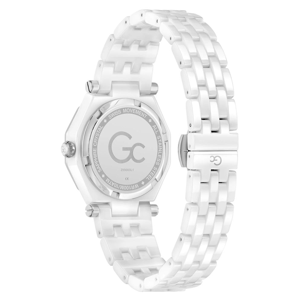 Silver ceramic watch with white face and gray band