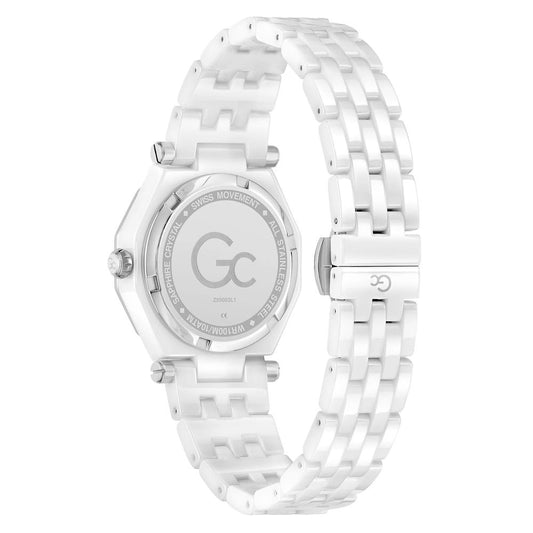 Silver ceramic watch with white face and gray band