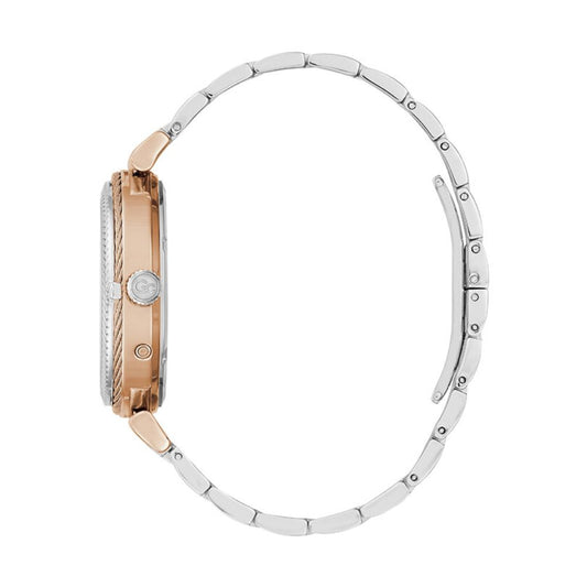 A silver bracelet with a watch face