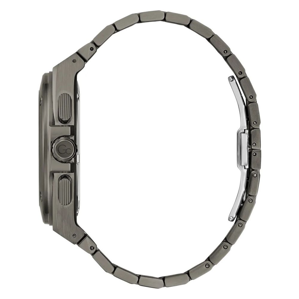 A gray stainless steel watch with a black face and silver accents