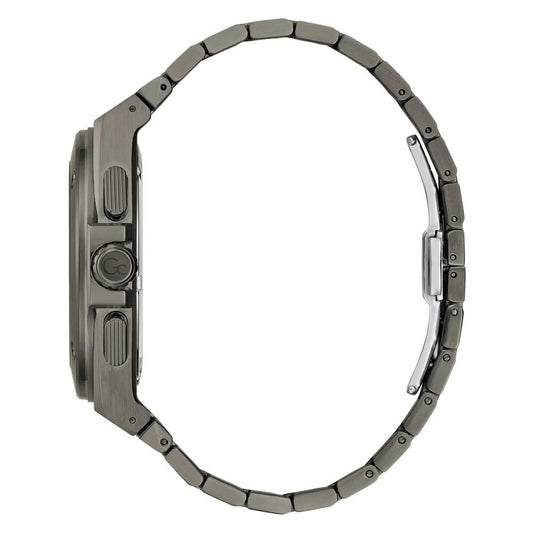 A gray stainless steel watch with a black face and silver accents