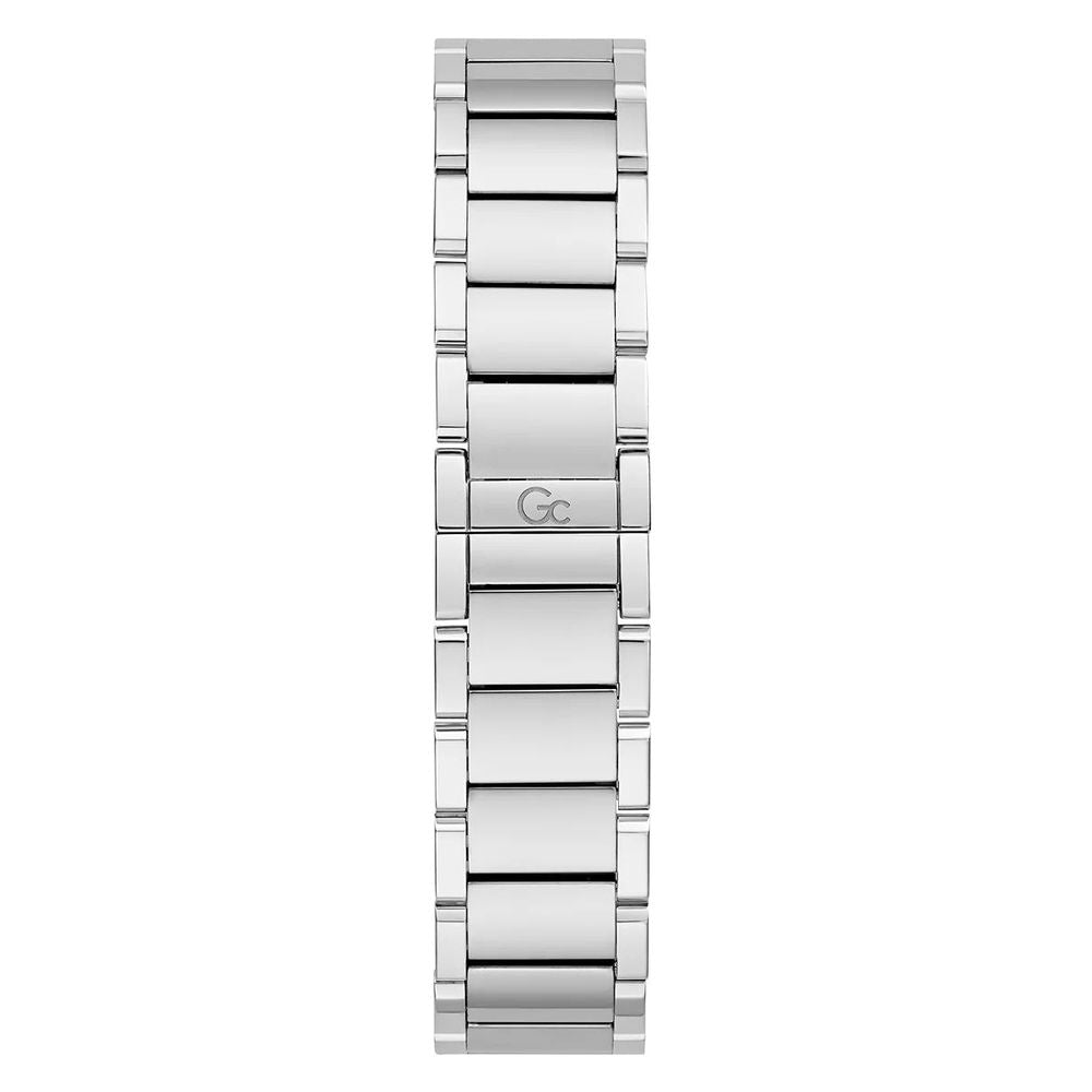 Silver watch with black face and gray band