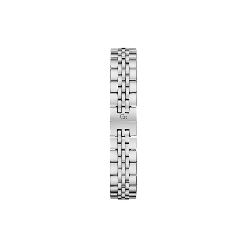 Silver watch with black face and silver band
