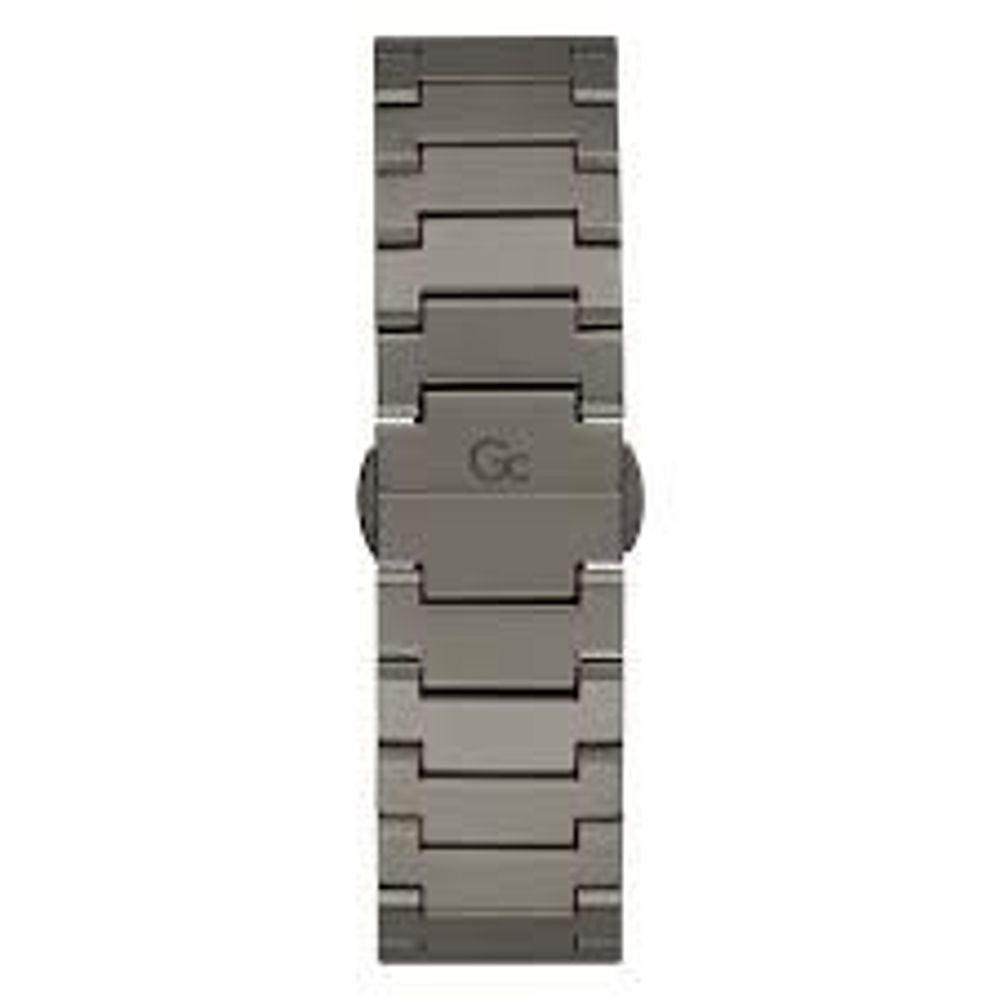 A gray stainless steel watch with a black face and silver GG logo on the dial