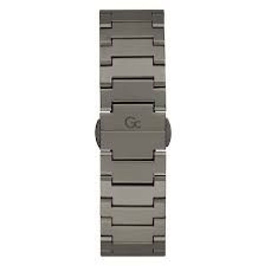 A gray stainless steel watch with a black face and silver GG logo on the dial