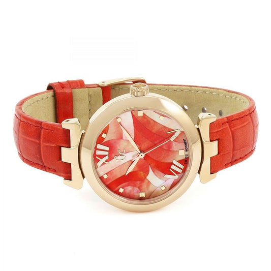 Red leather watch with gold accents and pink crystal face