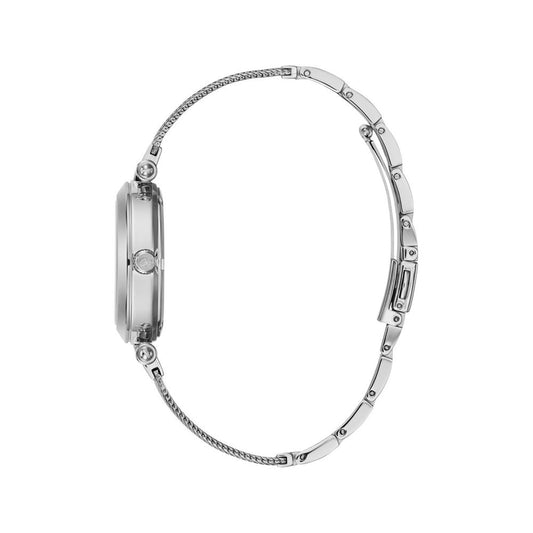 A silver stainless steel bracelet with a watch face on one end