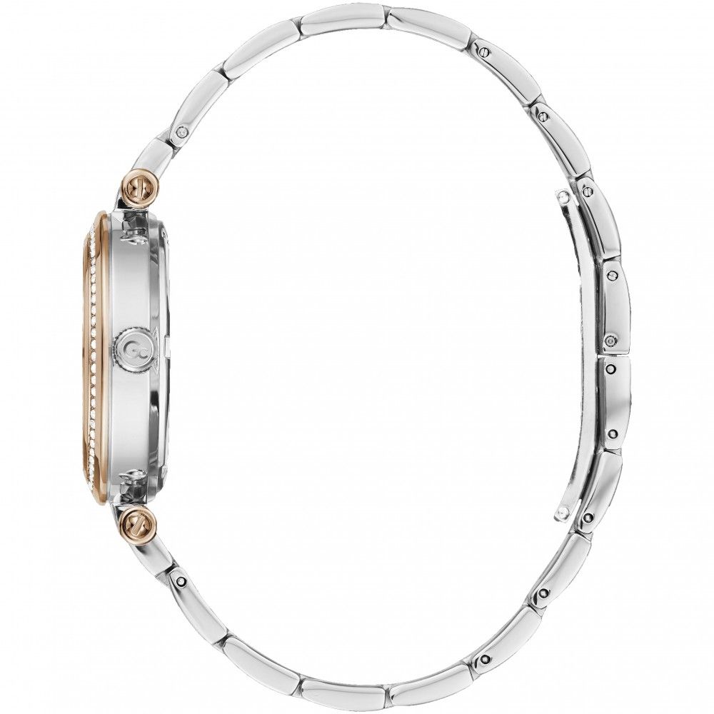 A silver stainless steel bracelet with a watch face, featuring rose gold accents and a clasp mechanism