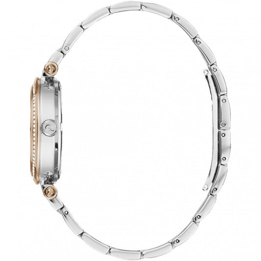 A silver stainless steel bracelet with a watch face, featuring rose gold accents and a clasp mechanism