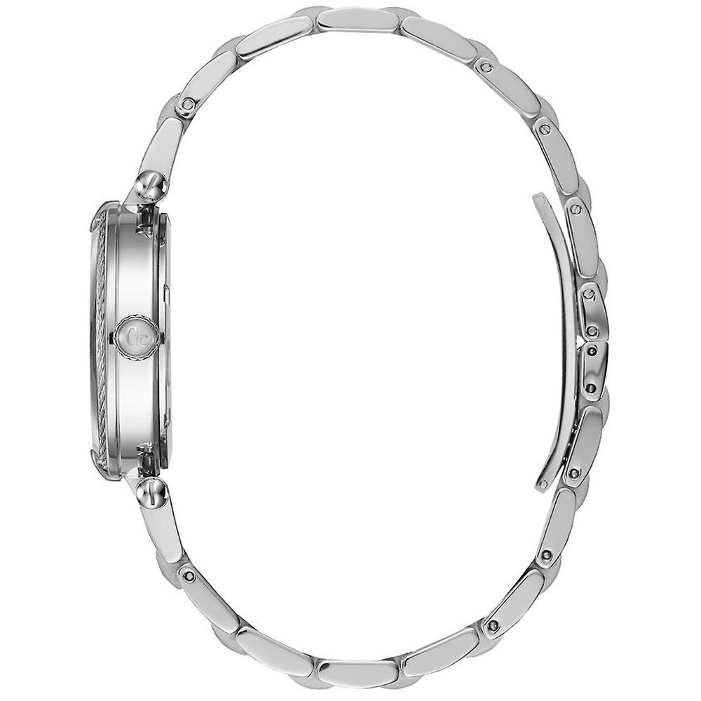 A silver stainless steel bracelet with a watch face, featuring diamond accents and a clasp mechanism