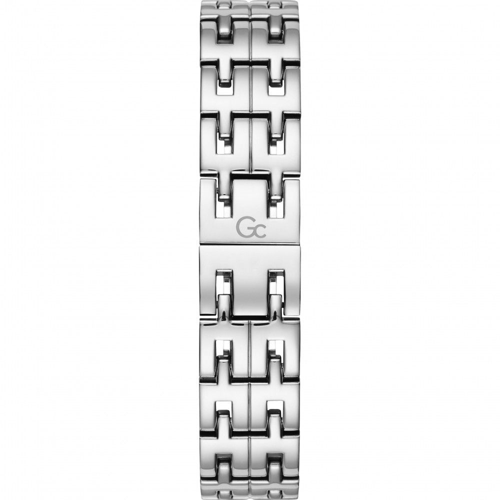 A silver stainless steel watch with a chain link bracelet, featuring the Gucci logo on the clasp