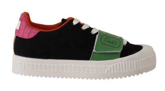 Black and white checkered sneaker with green and pink accents