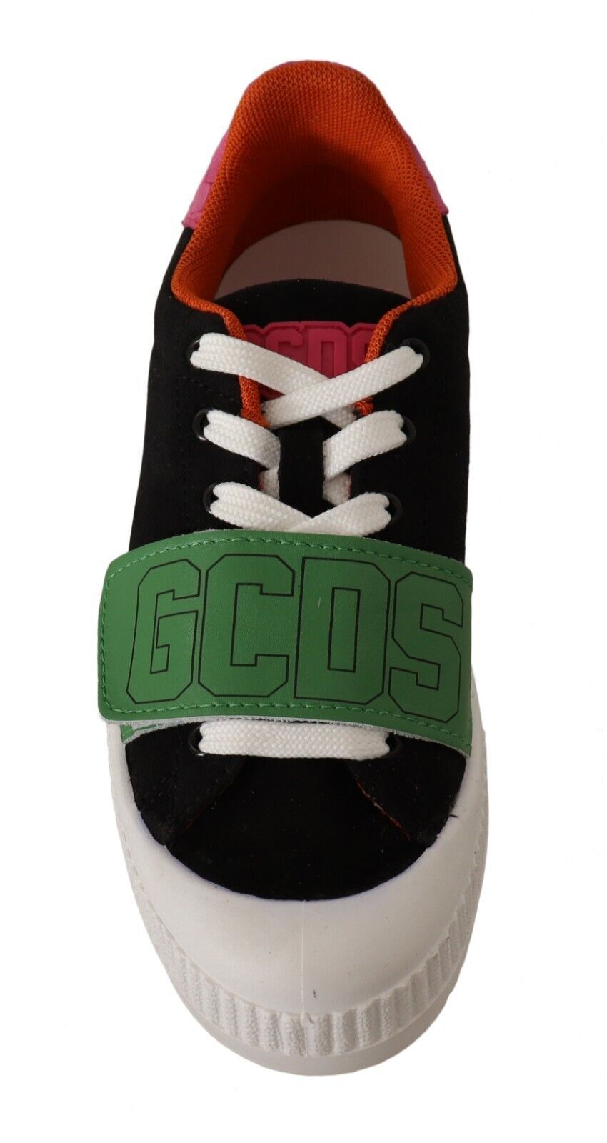 Black and white sneaker with green accents