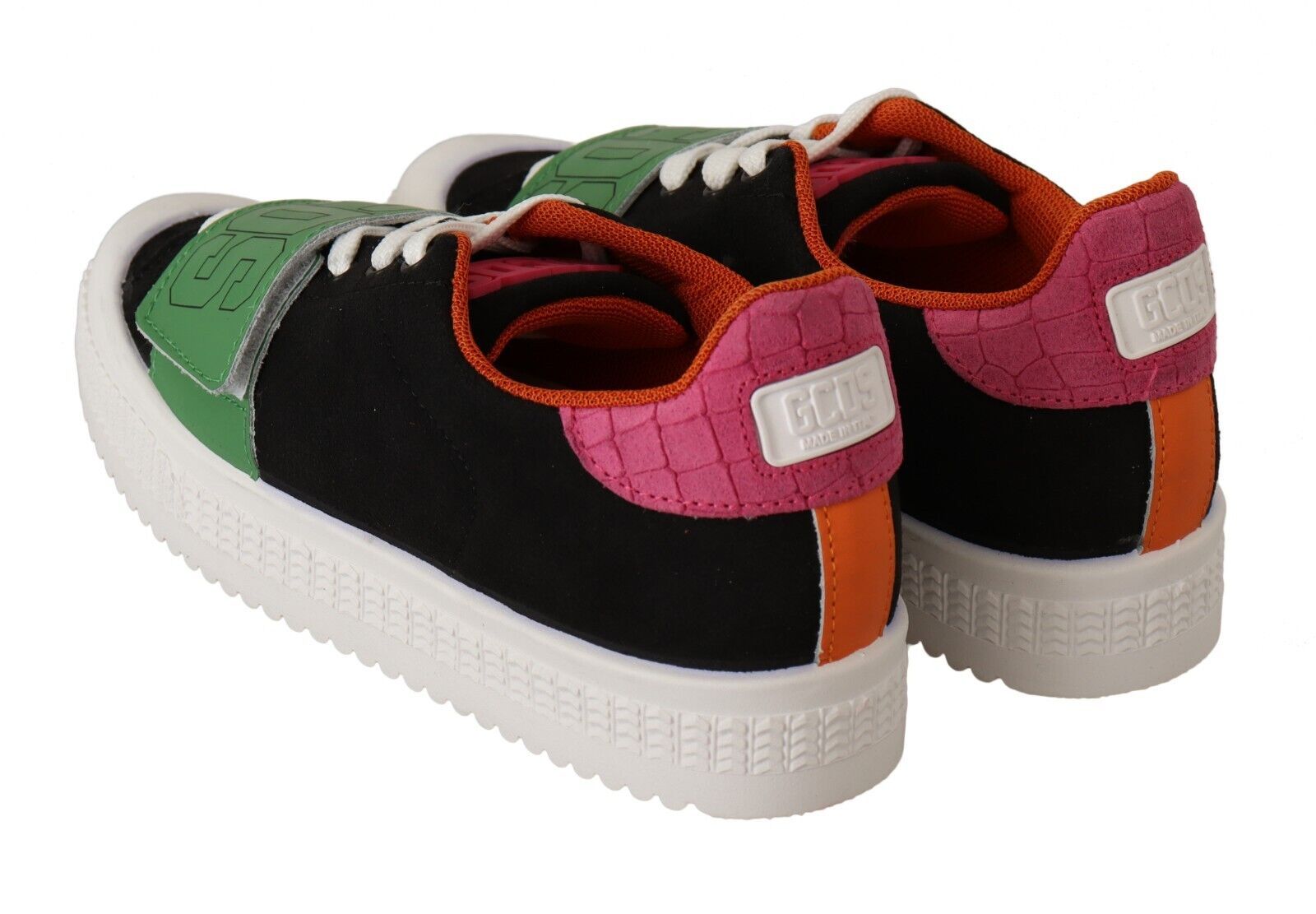 Pair of colorful sneakers with laces and a white sole