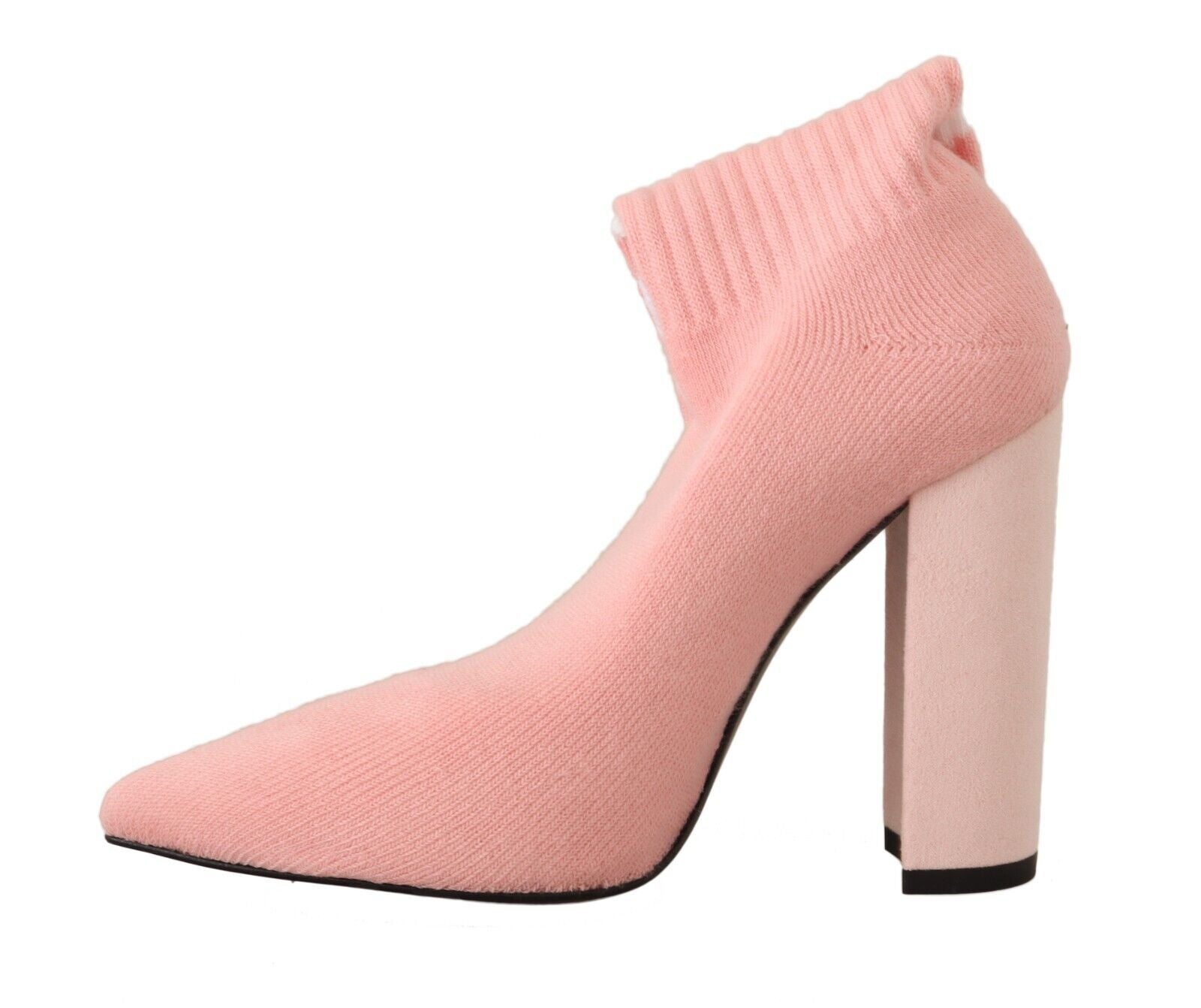 Pink suede ankle boot with high heel and padded cuffs