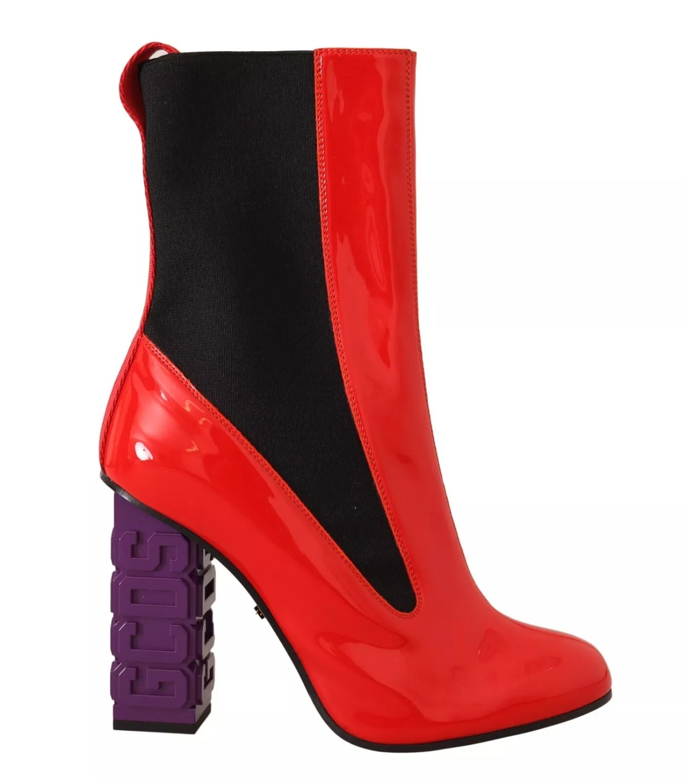 Red high heel boot with black cuff and purple sole