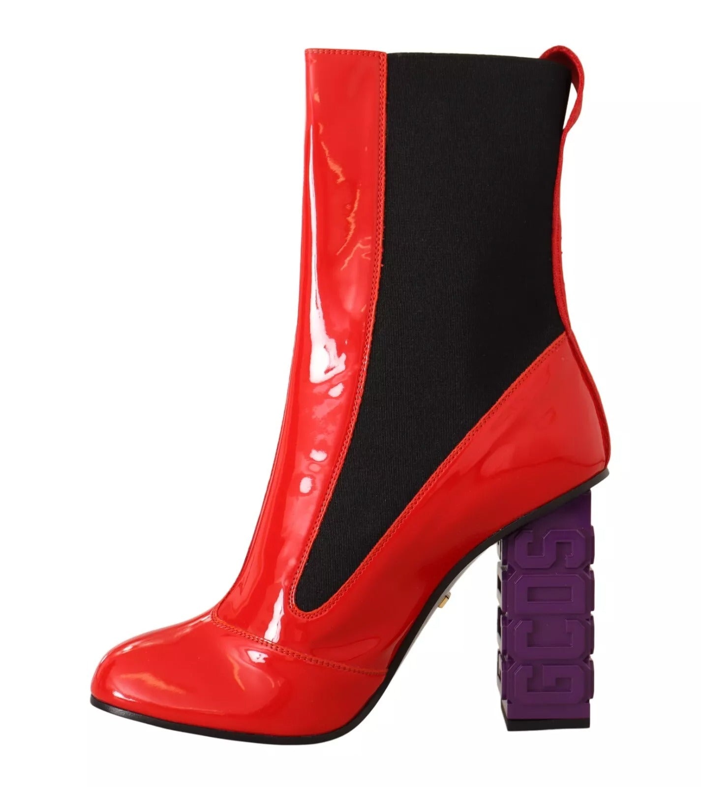 Red high heel boot with black trim