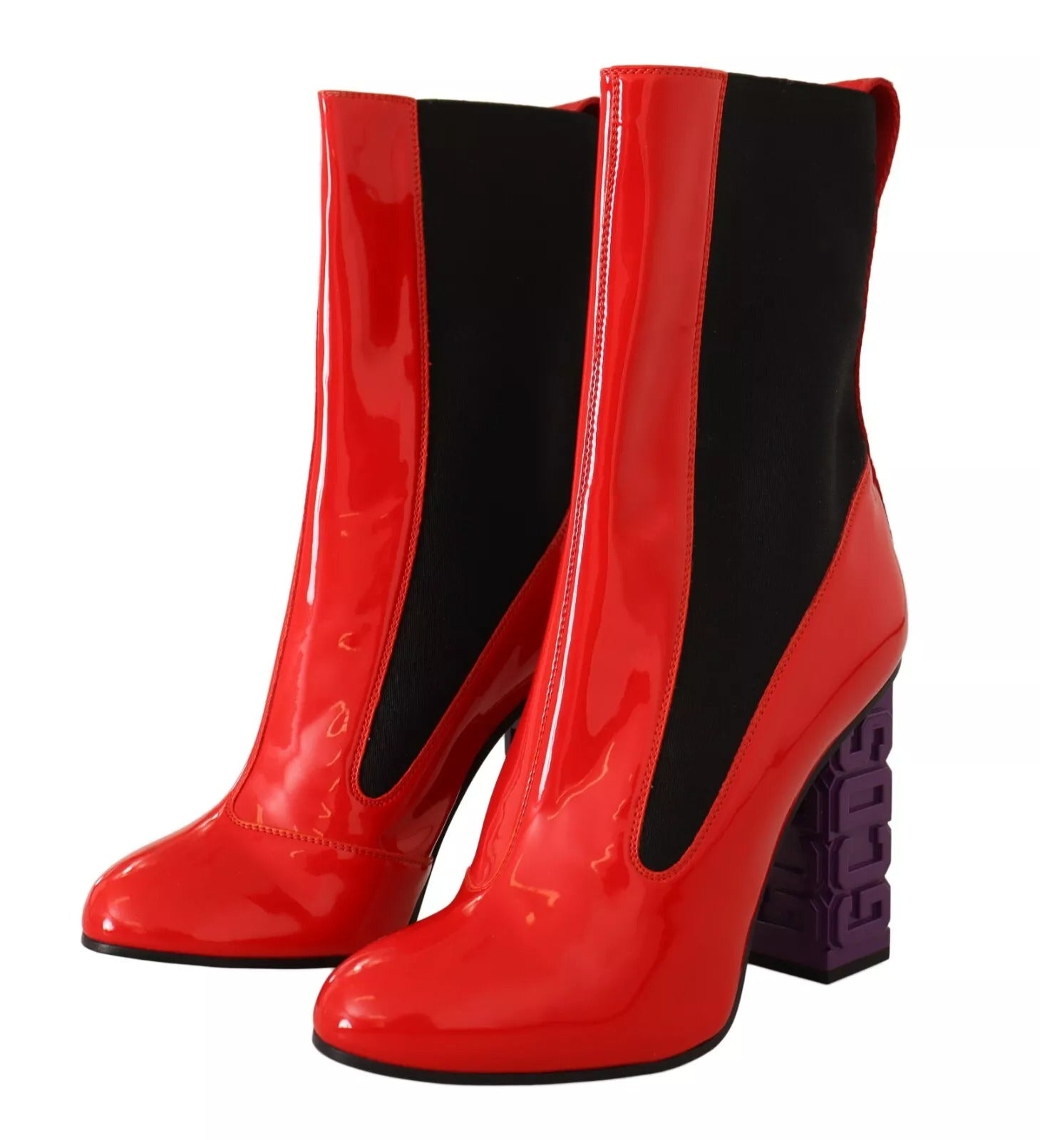 Red high heel boots with black trim