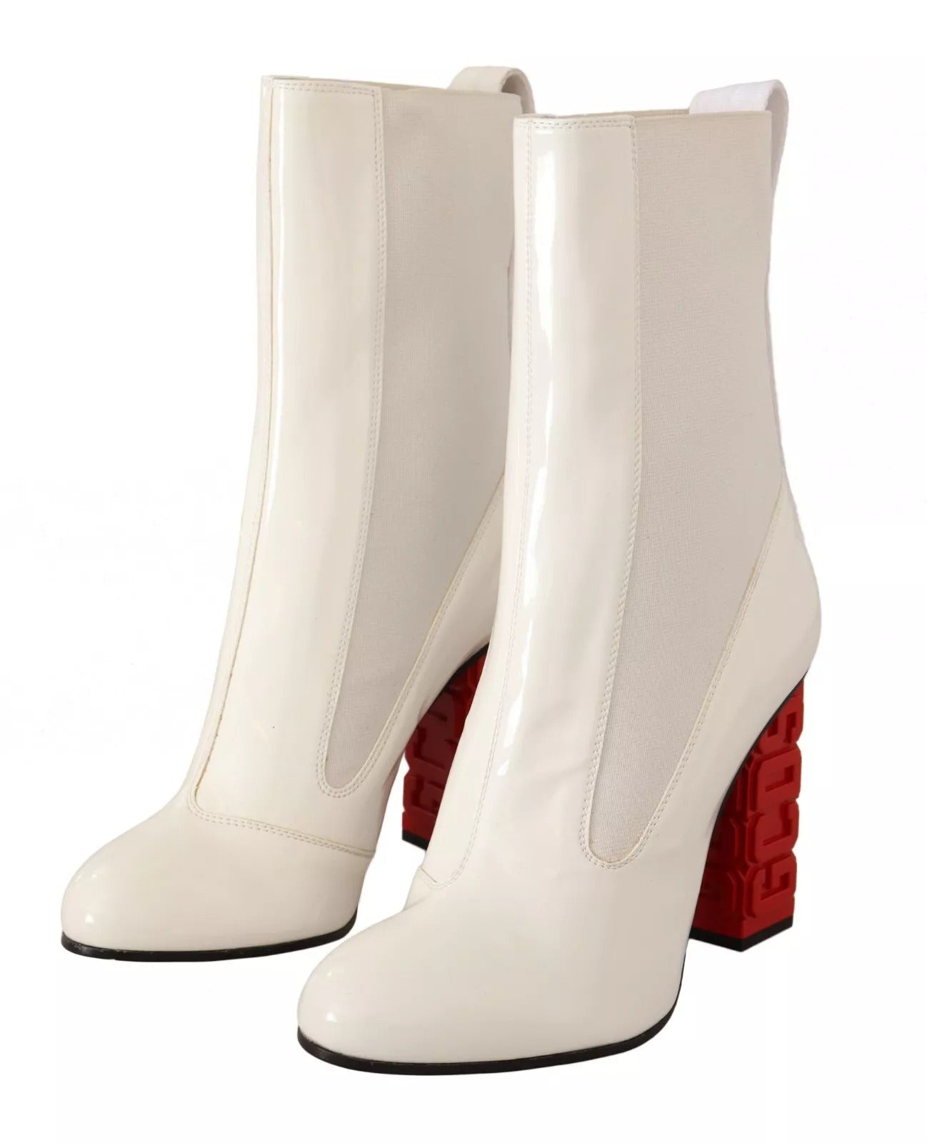 White knee high boots with red soles