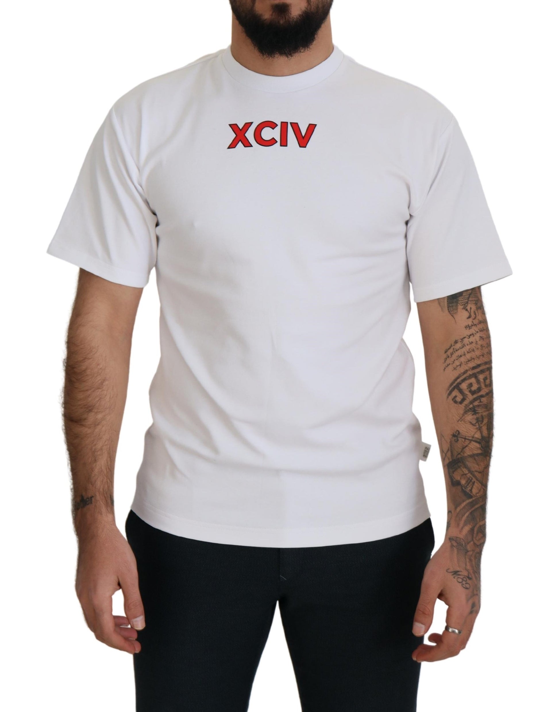 White t-shirt with red lettering