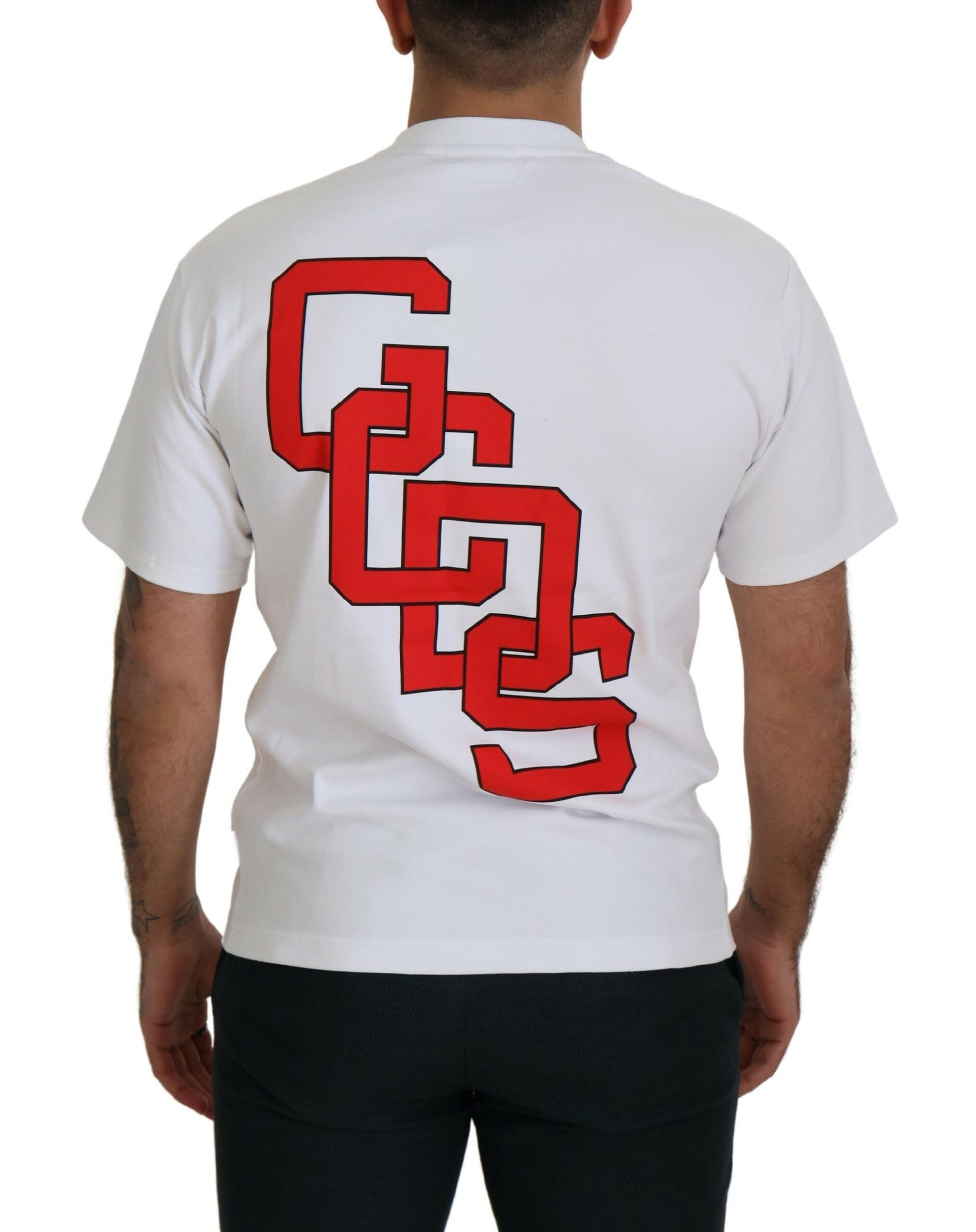 Red logo on white shirt