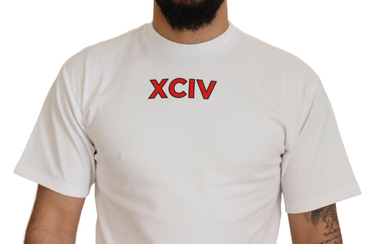 White t-shirt with red lettering reading "Xxv" on front