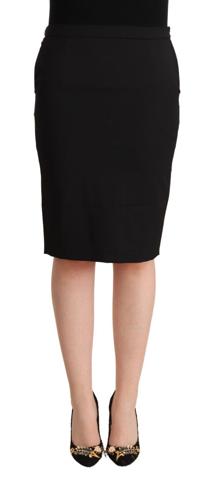 Black pencil skirt worn by a woman