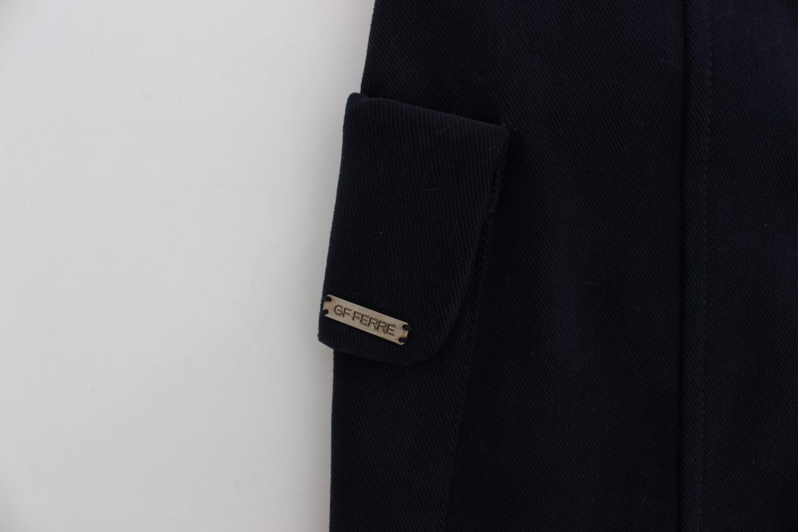 Navy blue suit jacket with a gold pin on the lapel