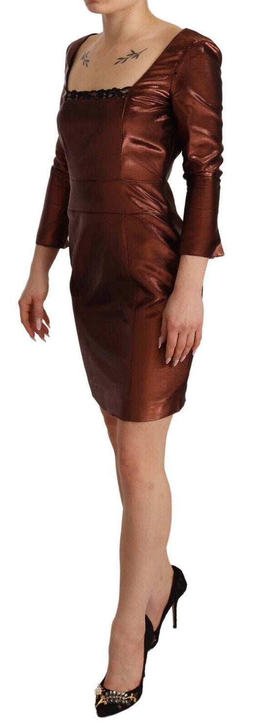 A long sleeve, square neck sheath dress in metallic brown