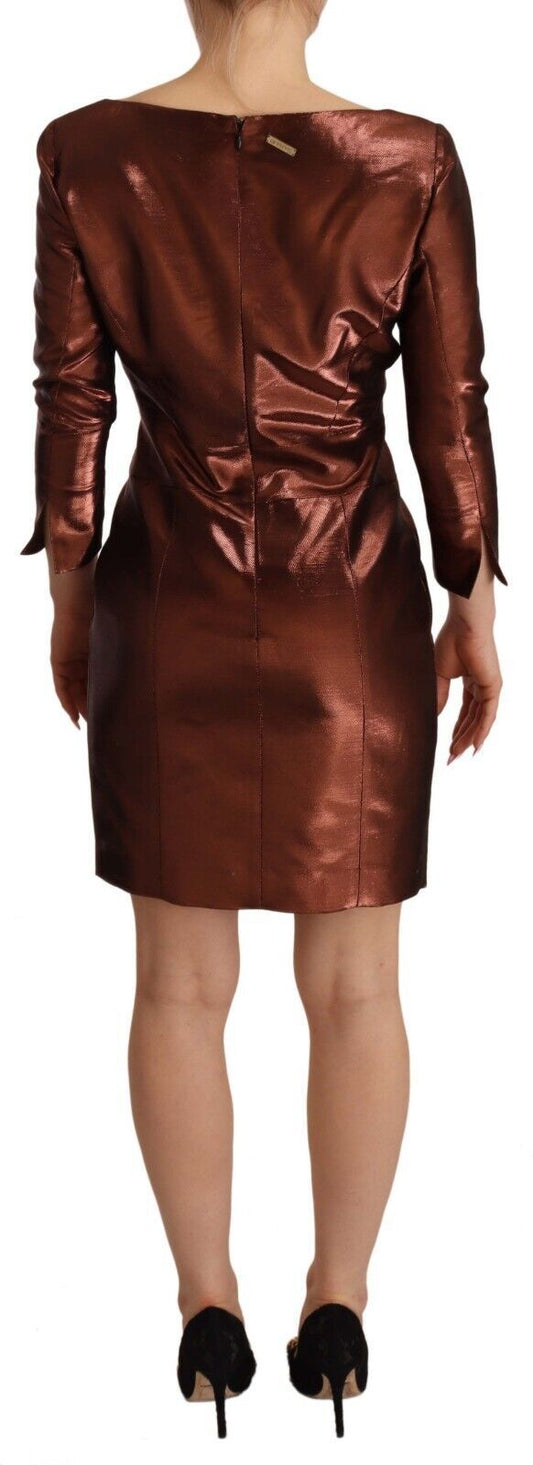 A long sleeve, square neck sheath dress in metallic brown with a fitted silhouette