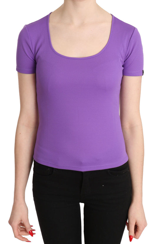 Purple knit top on a model