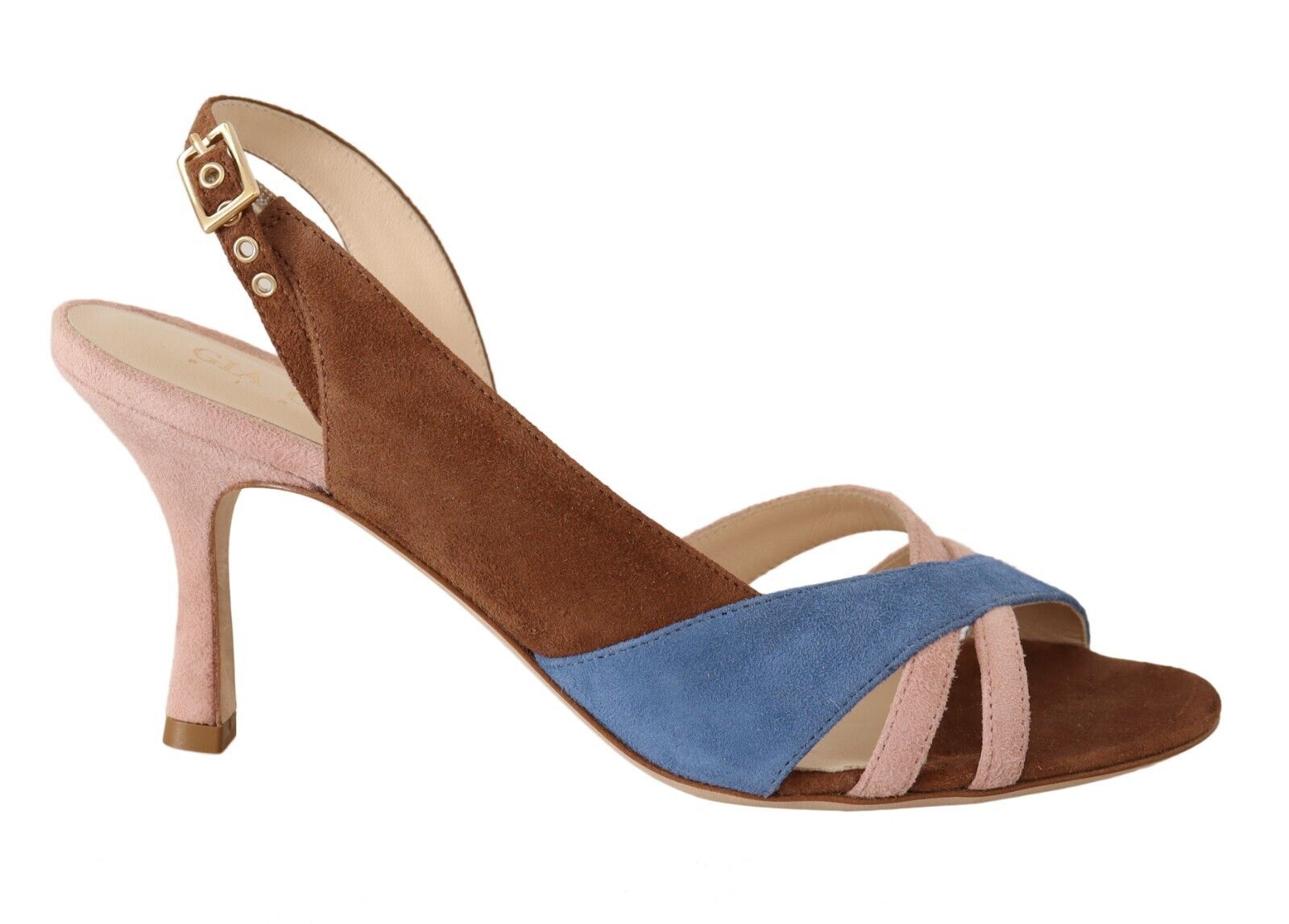 Pair of women's high heel shoes with blue straps and pink soles