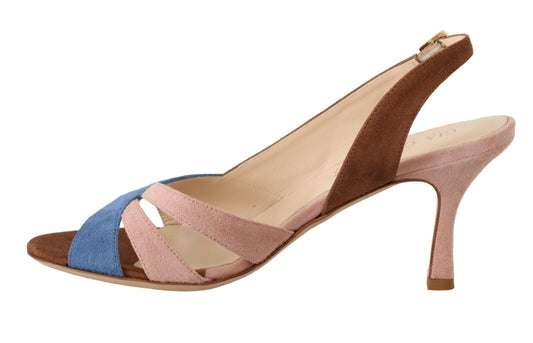 Pink and blue women's heeled sandal with strap detailing