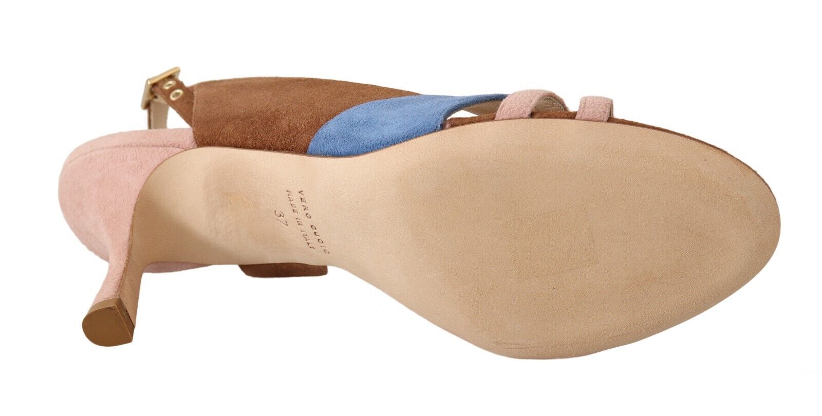 Brown leather shoe with blue and pink accents