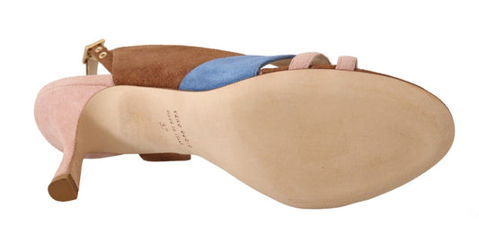 Brown leather shoe with blue and pink accents